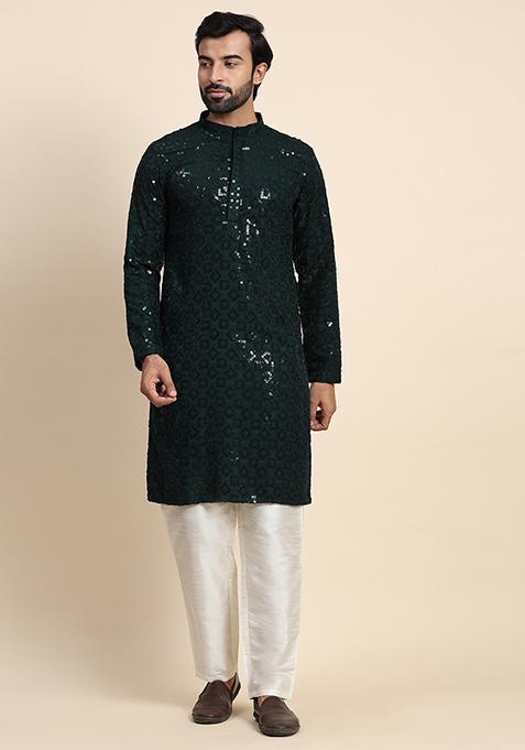 Green Sequin Embroidered Cotton Kurta Set For Men