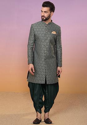 Grey Jacquard Silk Blend Sherwani Set