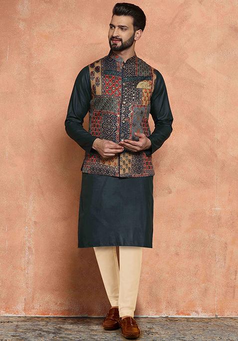 Multicolour Printed Silk Blend Kurta Jacket Set