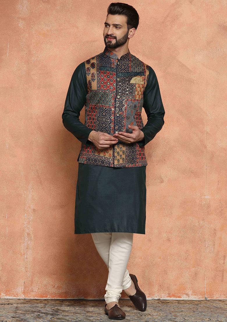 Multicolour Printed Cotton Blend Kurta Jacket Set