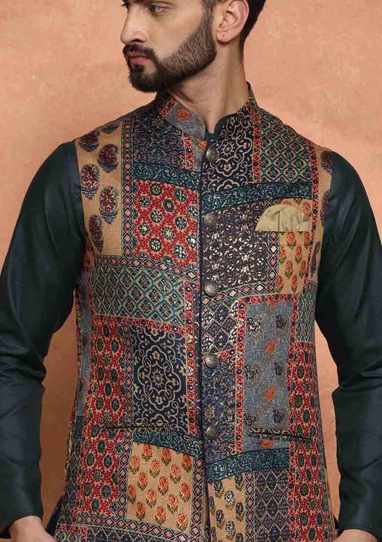 Multicolour Printed Cotton Blend Kurta Jacket Set