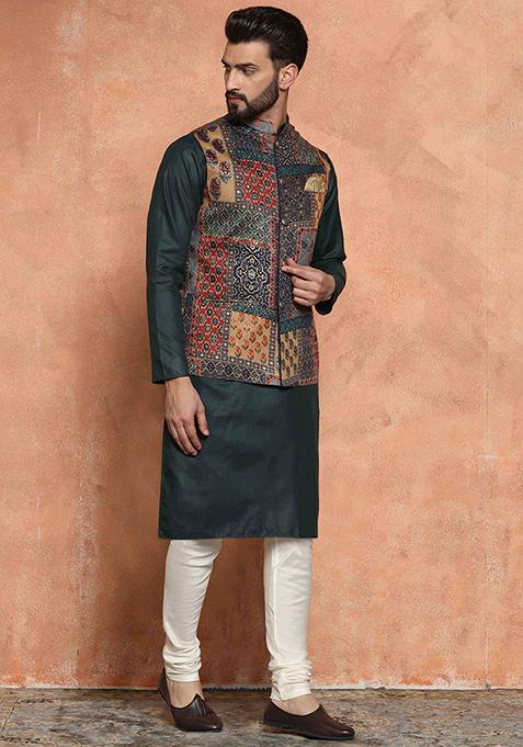 Multicolour Printed Cotton Blend Kurta Jacket Set