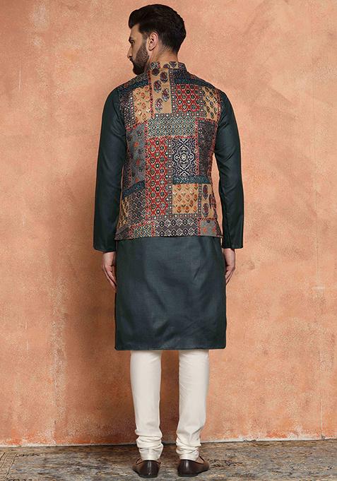 Multicolour Printed Cotton Blend Kurta Jacket Set