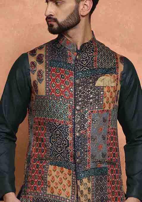 Multicolour Printed Cotton Blend Kurta Jacket Set