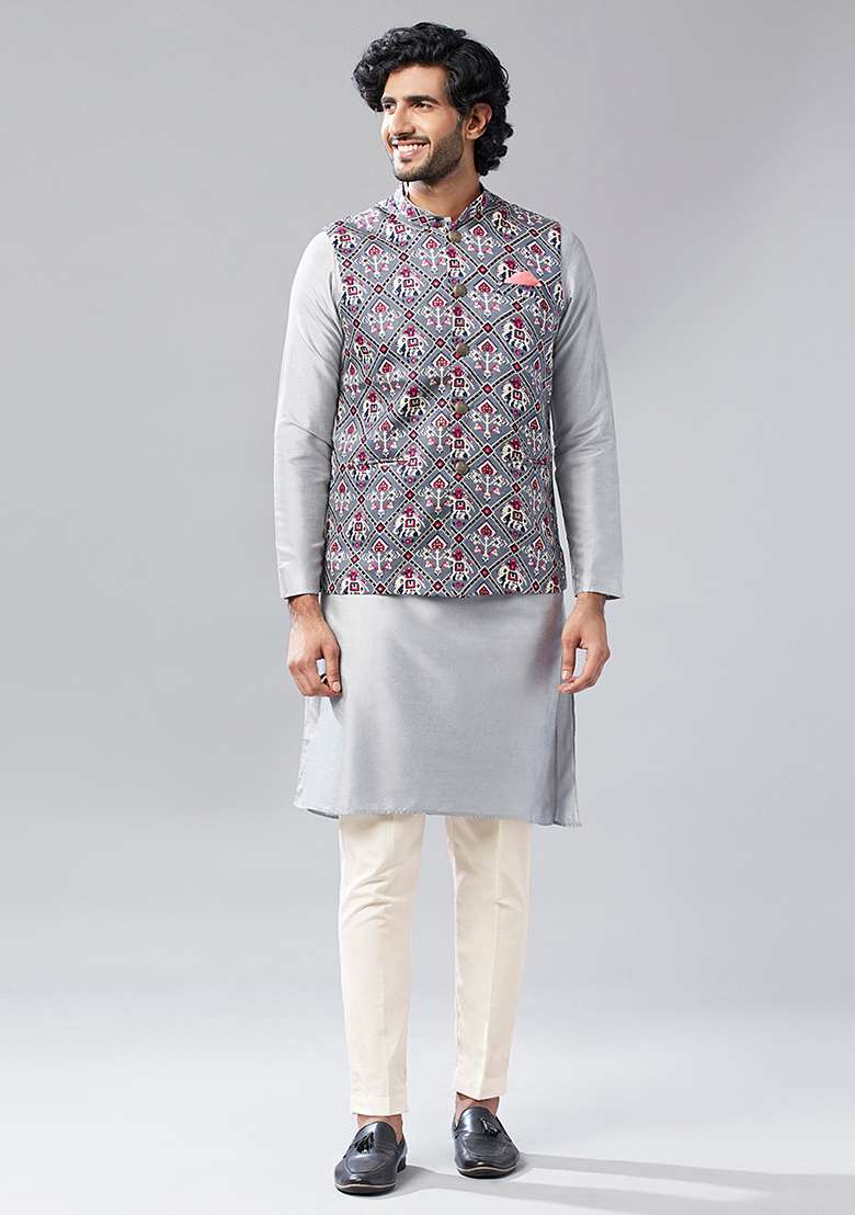 Grey Printed Cotton Blend Kurta Jacket Set - Indya