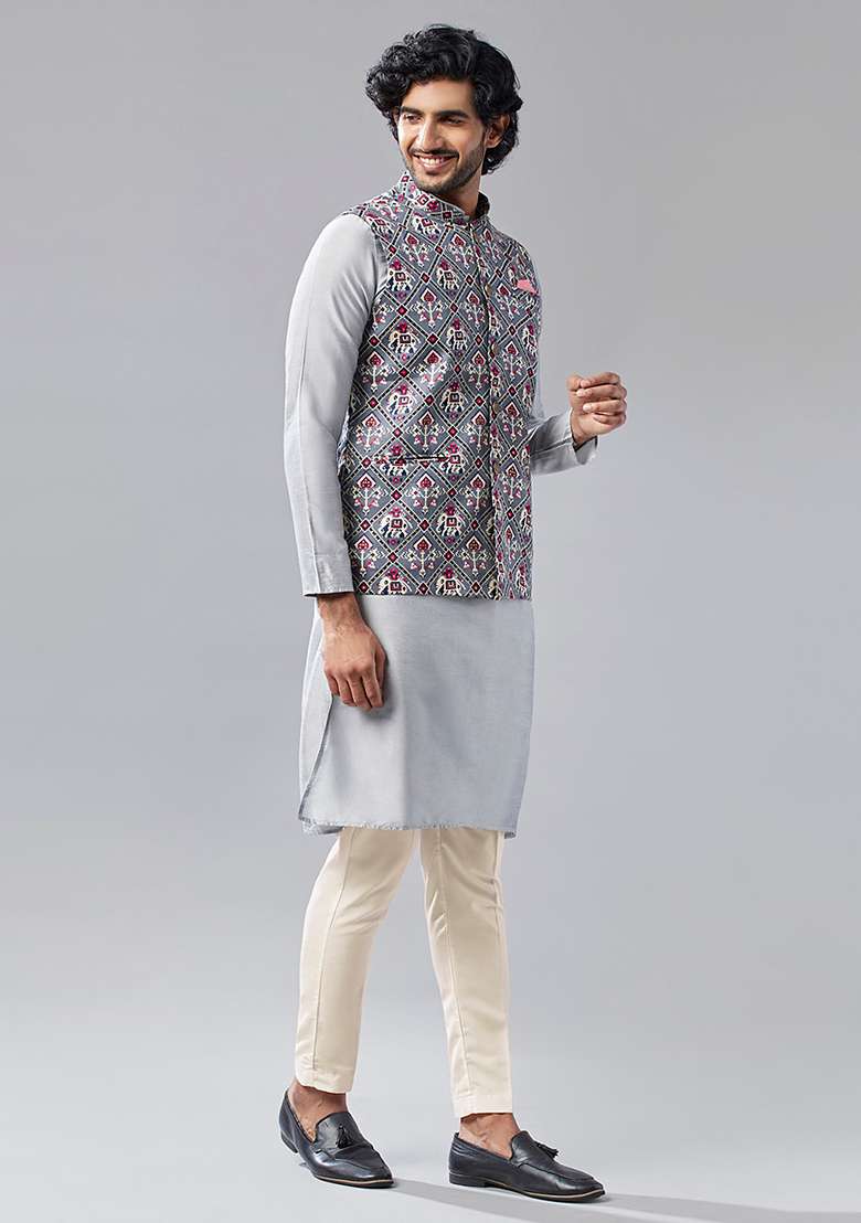 Grey Printed Cotton Blend Kurta Jacket Set - Indya