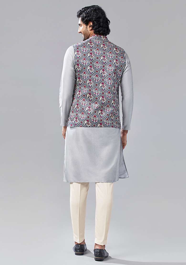 Grey Printed Cotton Blend Kurta Jacket Set - Indya