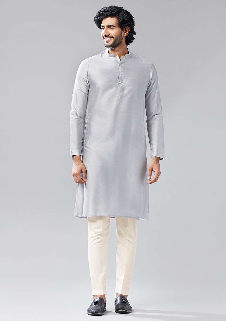Grey Printed Cotton Blend Kurta Jacket Set - Indya