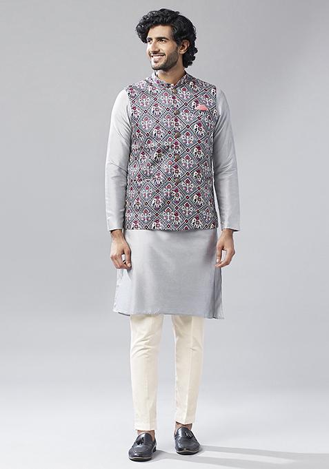 Grey Printed Cotton Blend Kurta Jacket Set