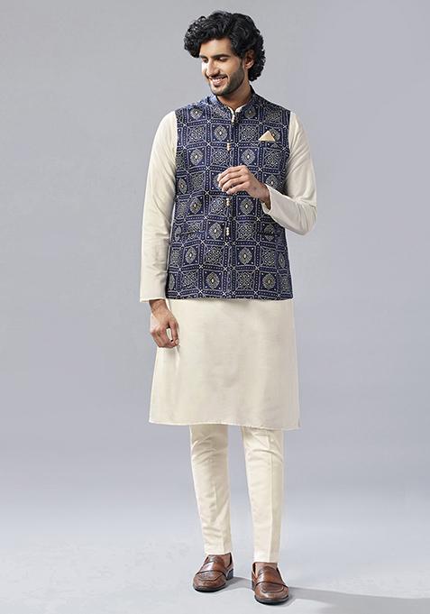 Navy Blue Printed Silk Blend Kurta Jacket Set