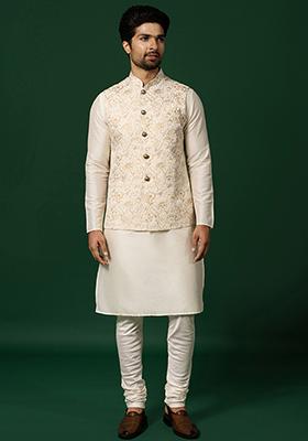 White Foil Print Cotton Blend Kurta Jacket Set