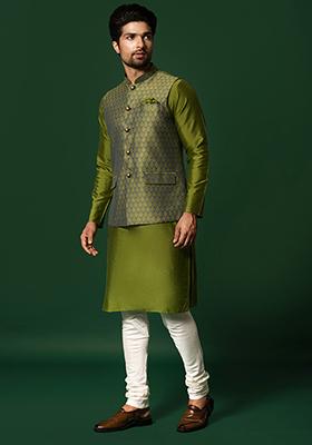 Green Jacquard Silk Blend Kurta Jacket Set