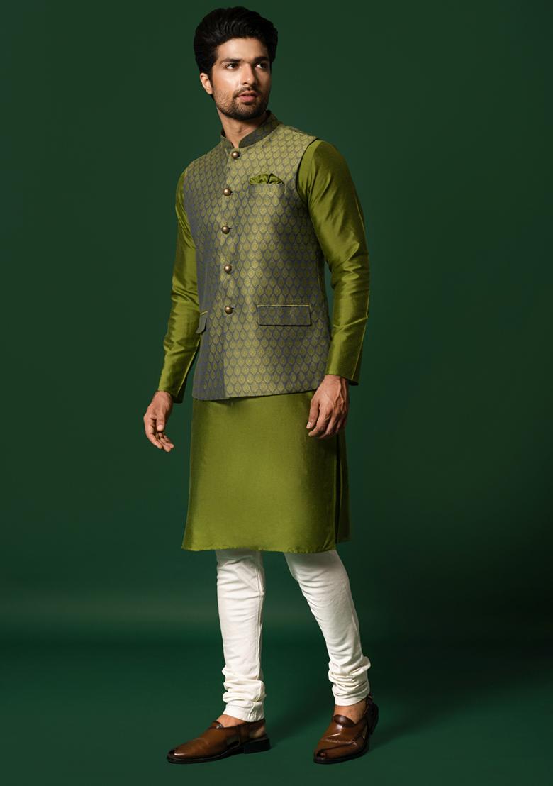 Green Jacquard Silk Blend Kurta Jacket Set
