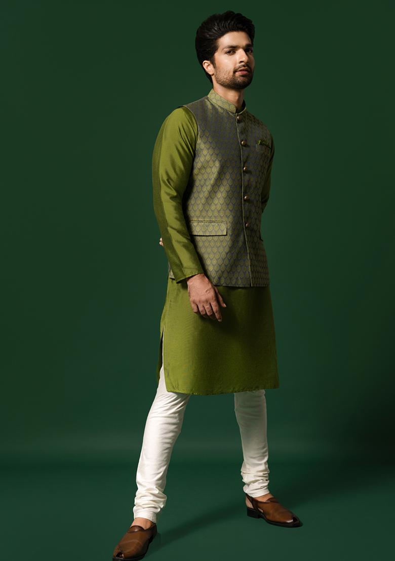 Green Jacquard Silk Blend Kurta Jacket Set