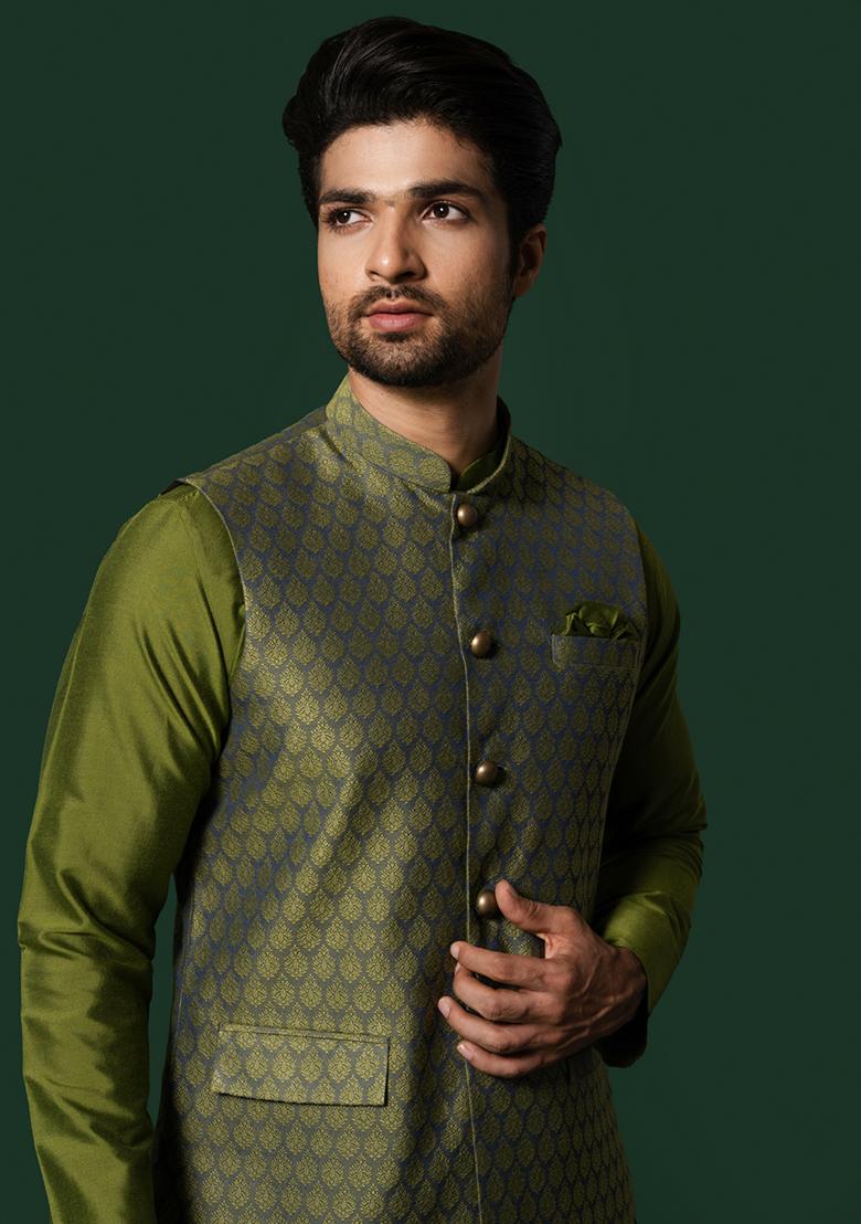 Green Jacquard Silk Blend Kurta Jacket Set