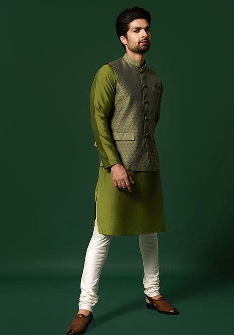Green Jacquard Silk Blend Kurta Jacket Set
