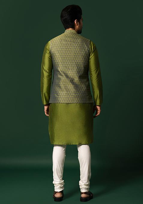 Green Jacquard Silk Blend Kurta Jacket Set