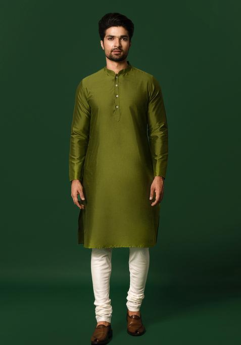 Green Jacquard Silk Blend Kurta Jacket Set