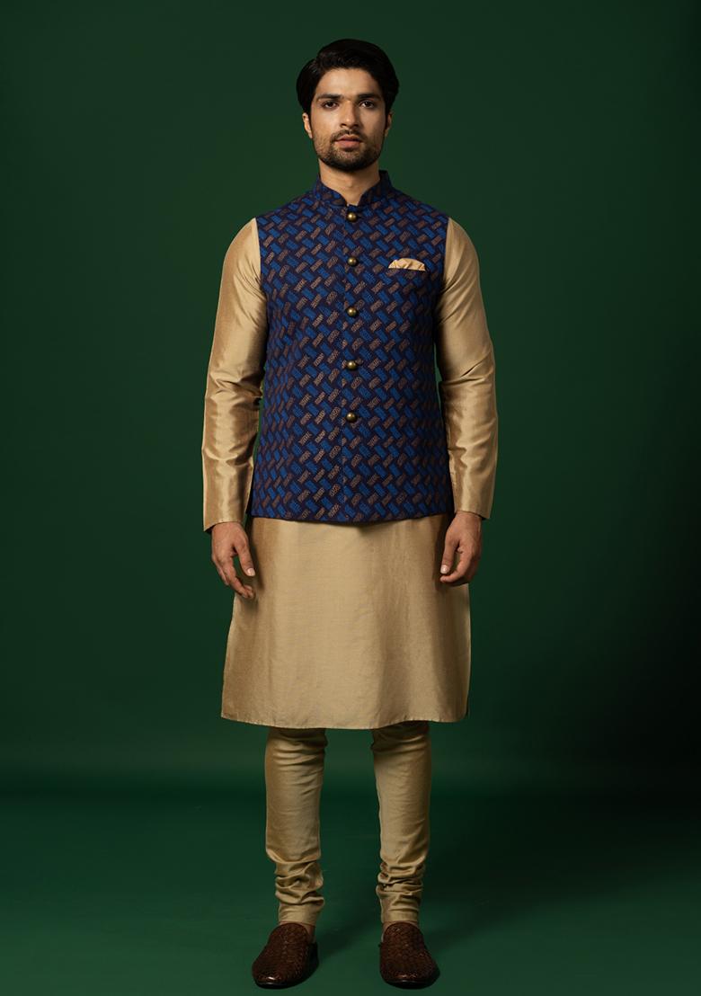 Navy Blue Printed Cotton Blend Kurta Jacket Set