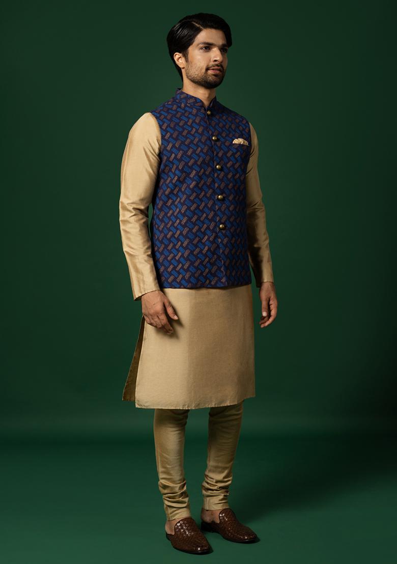 Navy Blue Printed Cotton Blend Kurta Jacket Set
