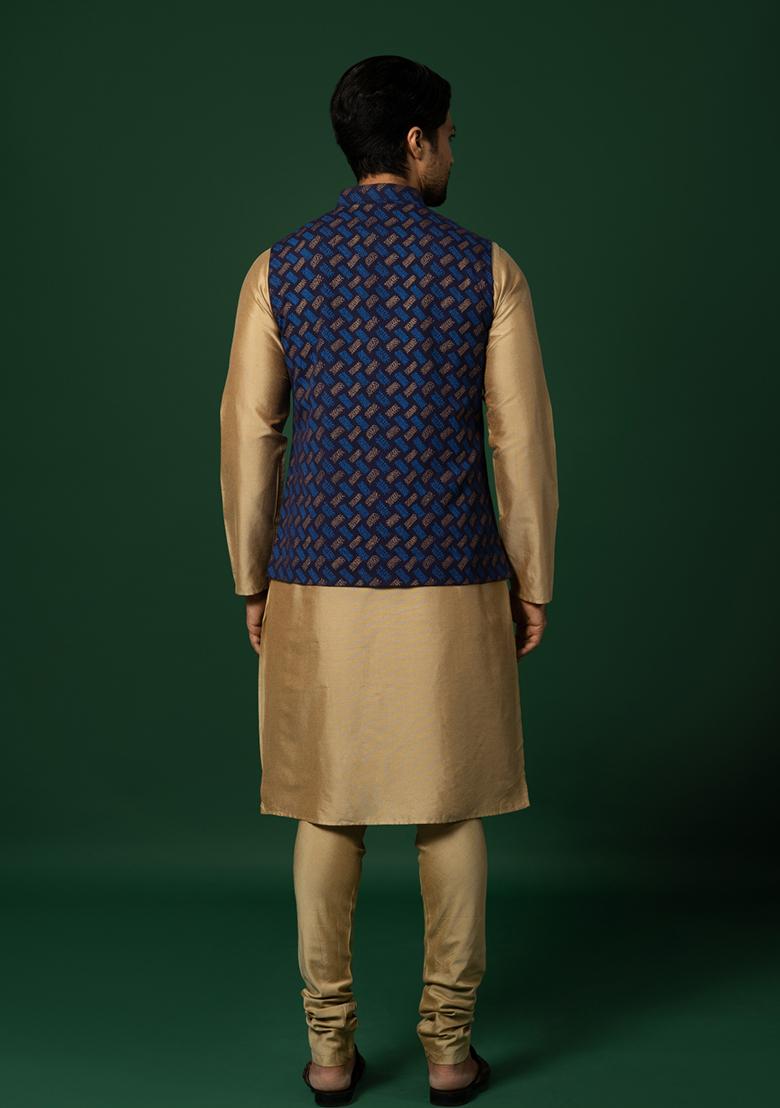 Navy Blue Printed Cotton Blend Kurta Jacket Set