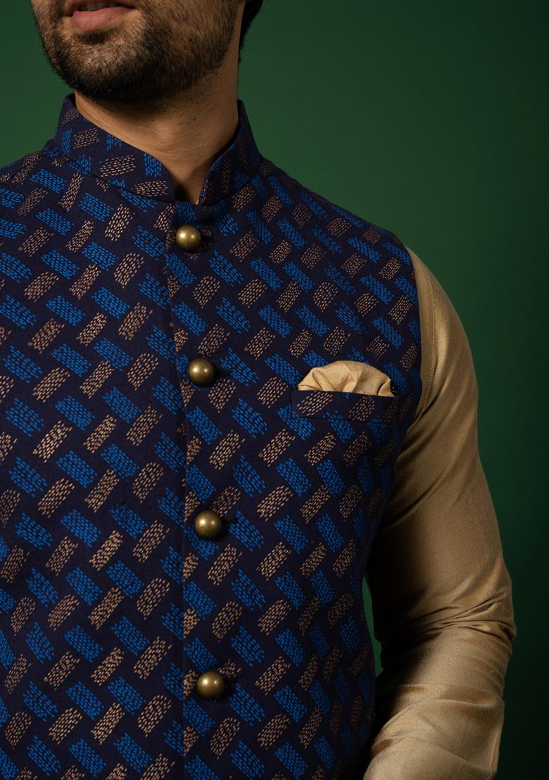 Navy Blue Printed Cotton Blend Kurta Jacket Set