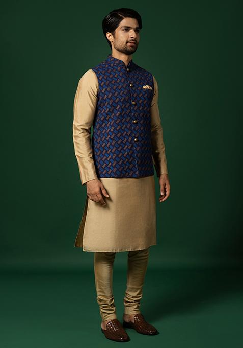 Navy Blue Printed Cotton Blend Kurta Jacket Set