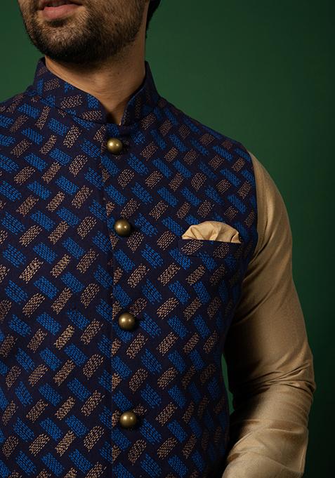 Navy Blue Printed Cotton Blend Kurta Jacket Set