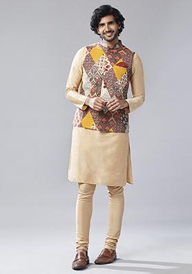 Multicolour Abstract Cotton Blend Kurta Jacket Set