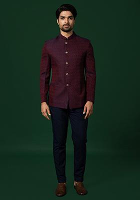 Maroon Solid Silk Blend Bandhgala Set