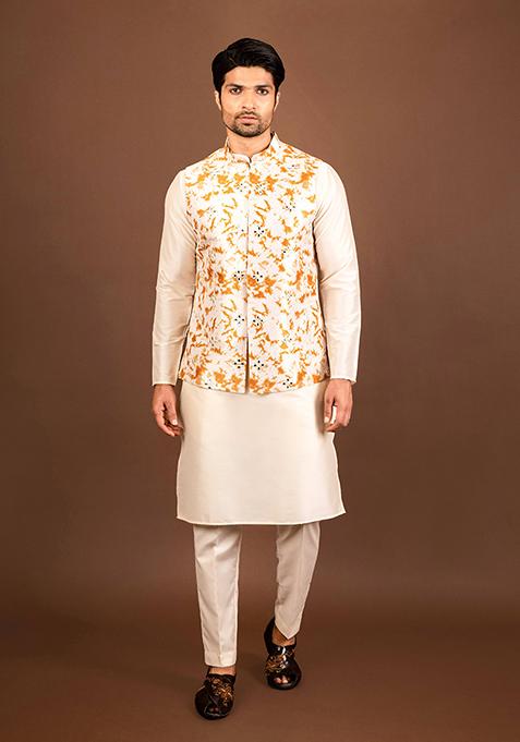 Yellow Embellished Cotton Blend Kurta Jacket Set