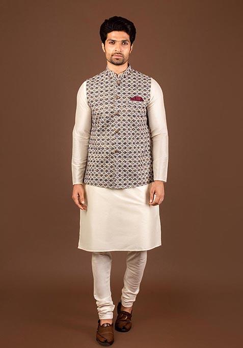 White Printed Cotton Blend Kurta Jacket Set