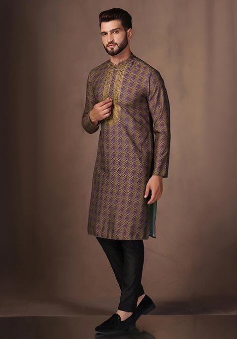 Green Embroidered Blend Kurta