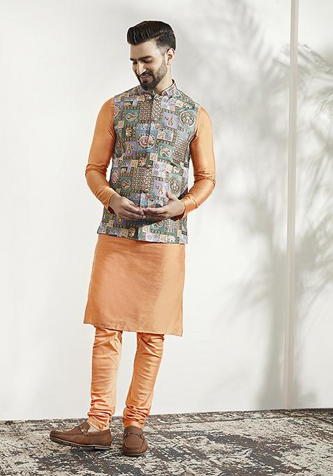 Green Jacquard Silk Blend Kurta Jacket Set