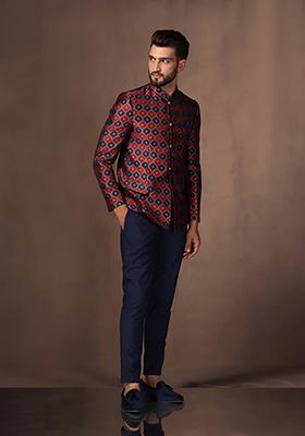 Maroon Jacquard Silk Blend Bandhgala