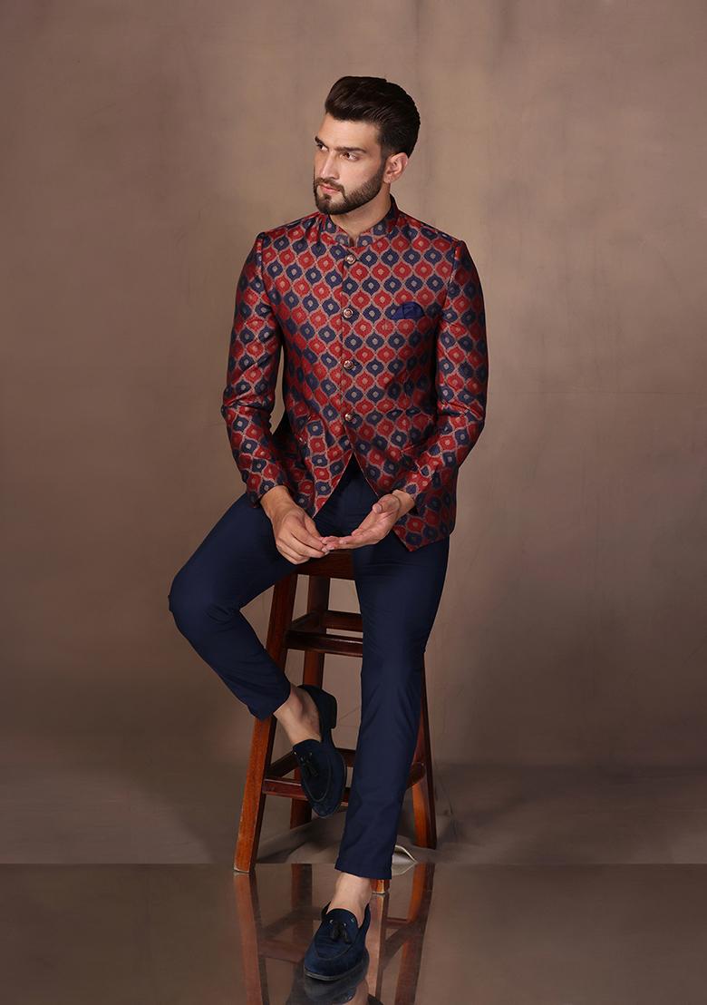 Maroon Jacquard Silk Blend Bandhgala - Indya