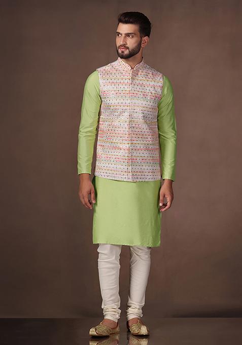 Multicolour Embroidered Cotton Blend Kurta Jacket Set