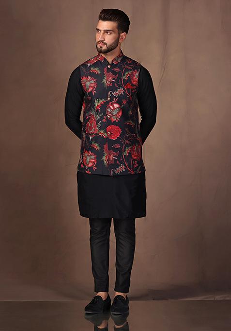 Black Embellished Pashmina Mid Kurta Jacket Set