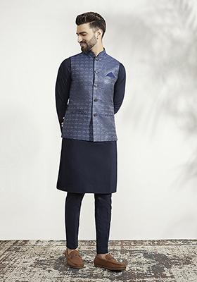 Blue Woven Jacquard Silk Blend Jacquard Kurta Jacket Set
