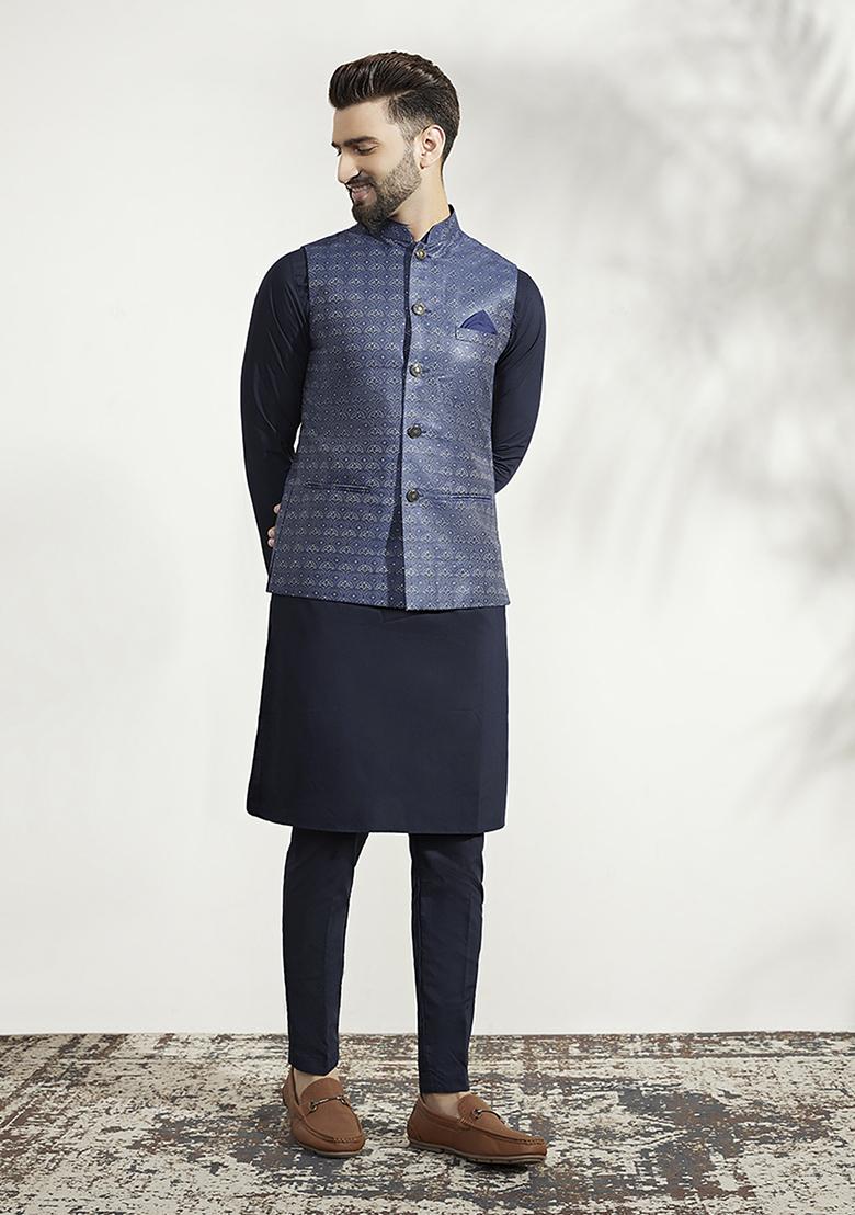 Blue Woven Jacquard Silk Blend Jacquard Kurta Jacket Set