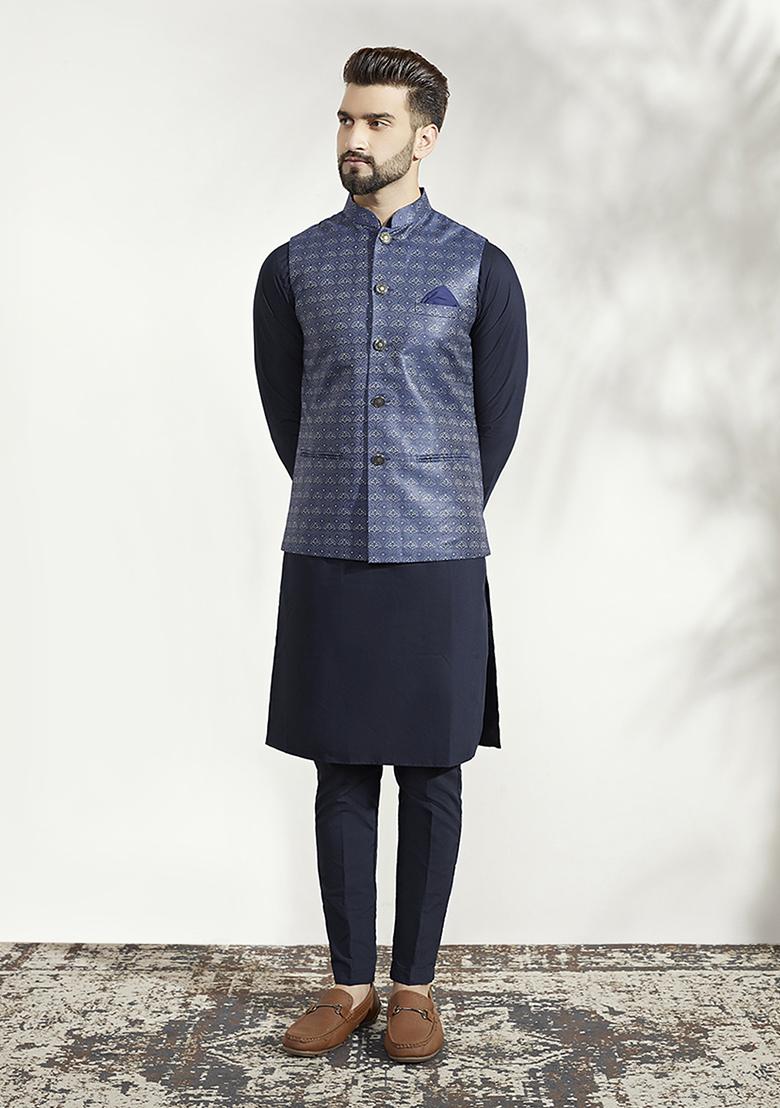 Blue Woven Jacquard Silk Blend Jacquard Kurta Jacket Set - Indya