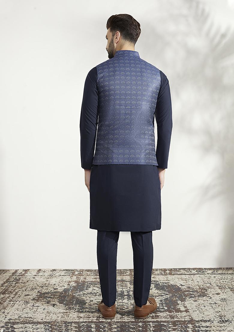 Blue Woven Jacquard Silk Blend Jacquard Kurta Jacket Set