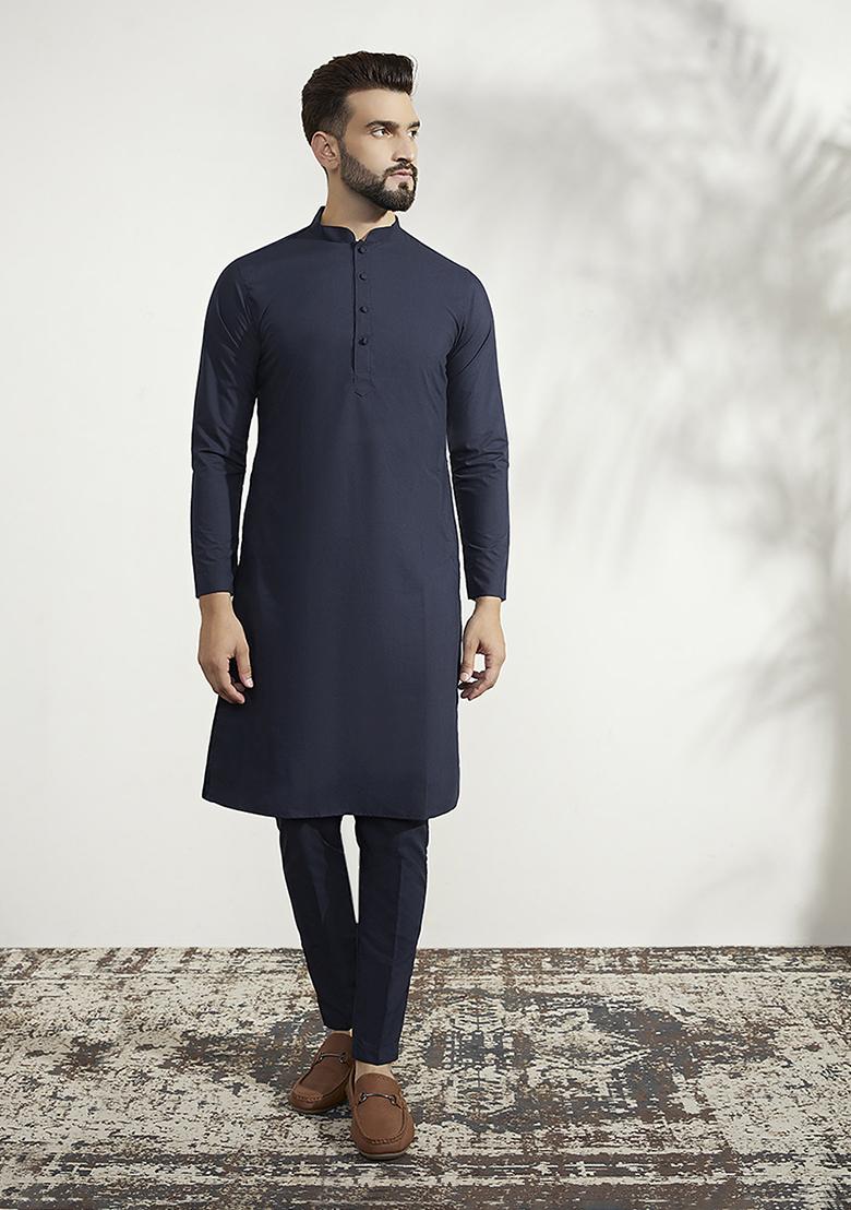Blue Woven Jacquard Silk Blend Jacquard Kurta Jacket Set - Indya