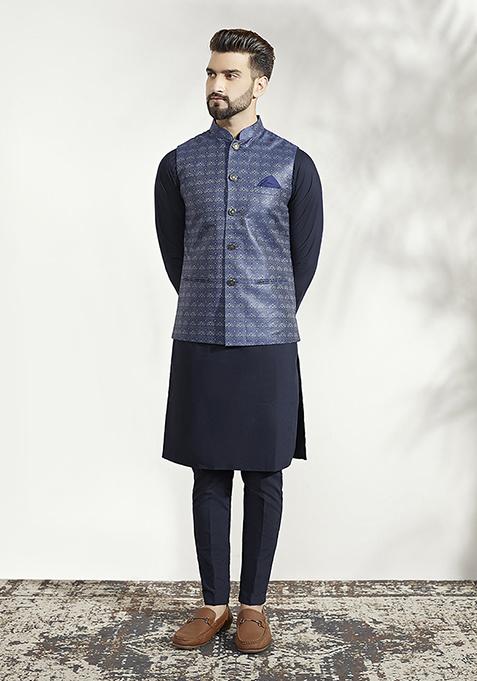 Blue Woven Jacquard Silk Blend Jacquard Kurta Jacket Set
