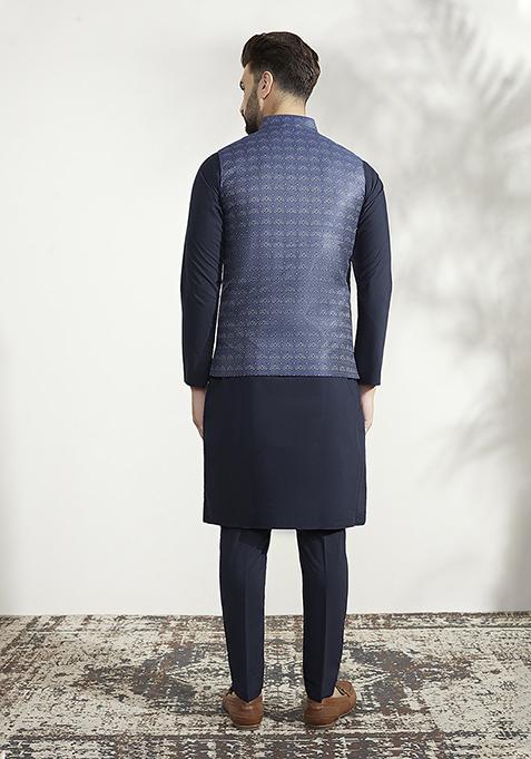 Blue Woven Jacquard Silk Blend Jacquard Kurta Jacket Set