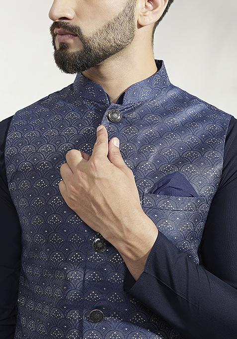 Blue Woven Jacquard Silk Blend Jacquard Kurta Jacket Set