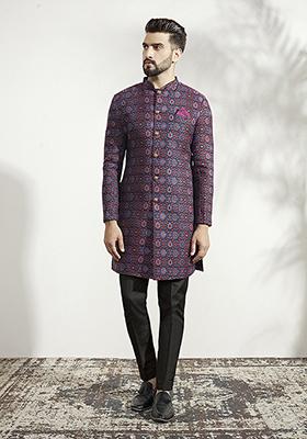 Multicolour Textured Silk Blend Jacquard Sherwani Set