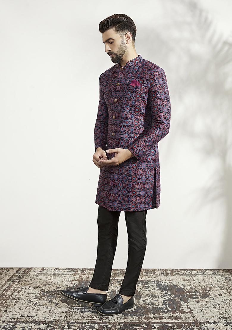 Multicolour Textured Silk Blend Jacquard Sherwani Set