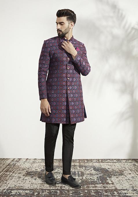 Multicolour Textured Silk Blend Jacquard Sherwani Set