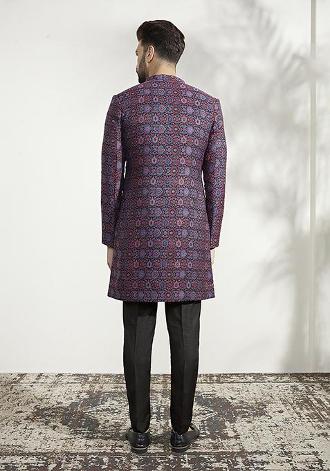 Multicolour Textured Silk Blend Jacquard Sherwani Set